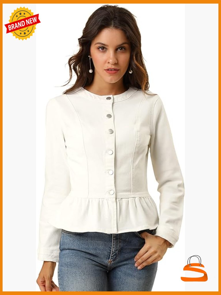 Peplum Denim Jacket Collarless Round Neck Cropped Ruffle Hem